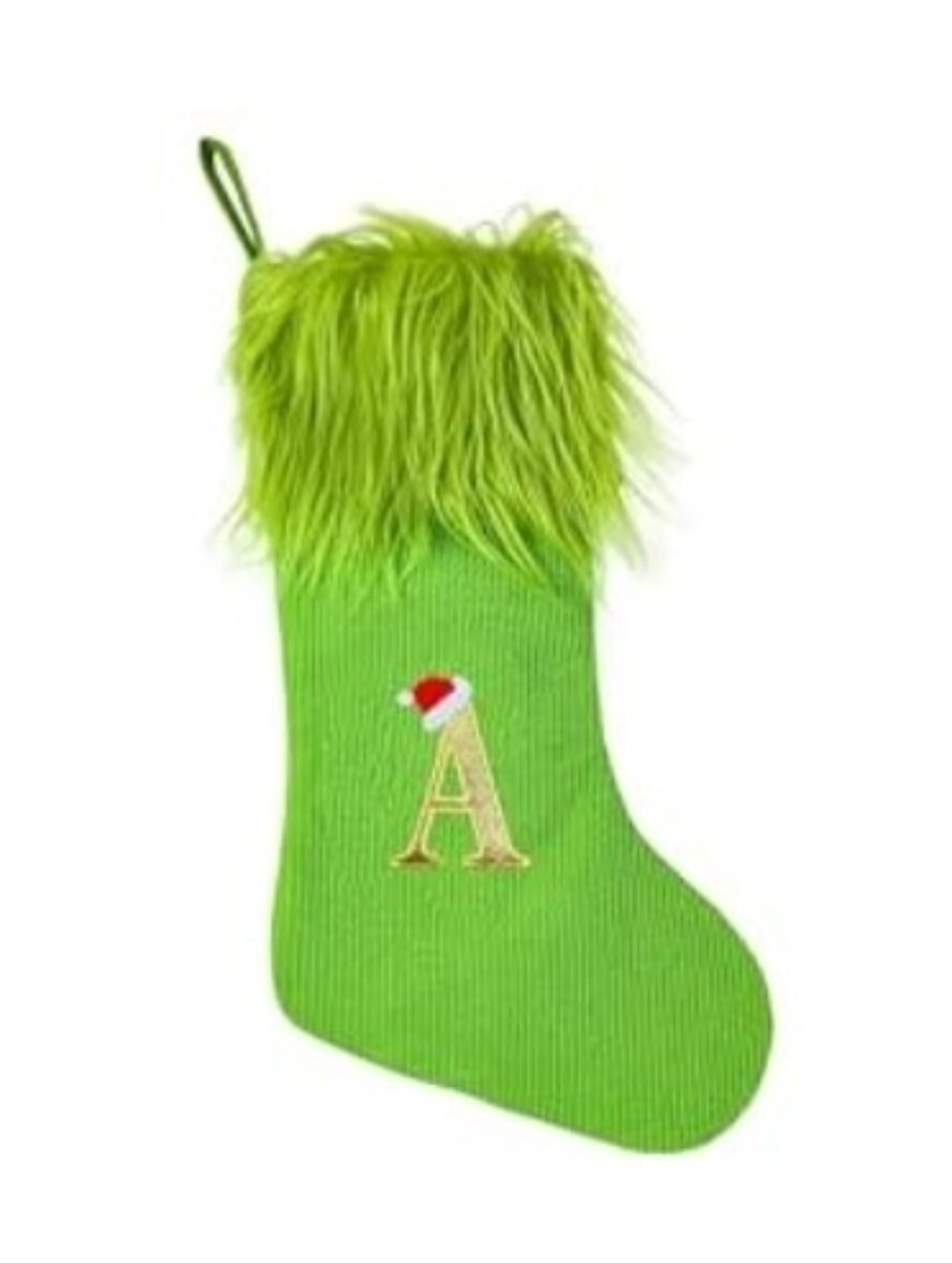 Festive Green Grinch Personalized Holiday Stocking "A" with Faux Fur Cuffs, EUC